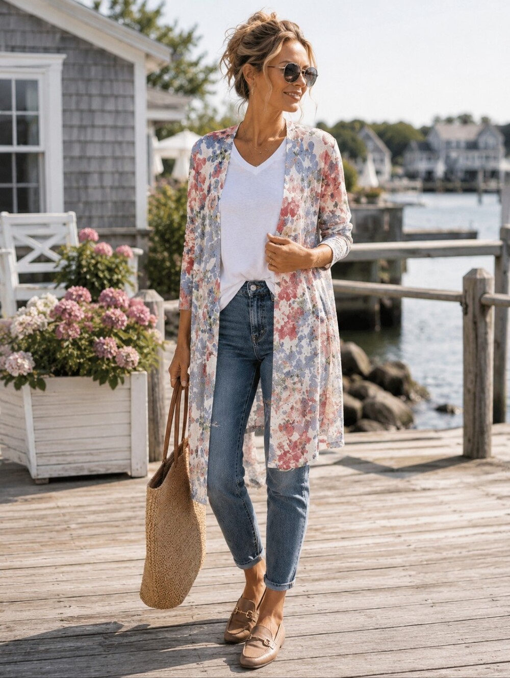J. Jill Linen Blend Floral Longline Open Front Duster Cardigan Sweater